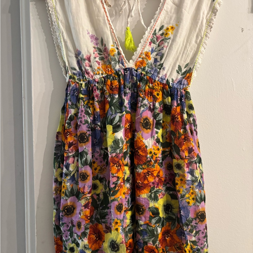 RAGA White and Orange Lace-Trimmed floral mini dress v neck a embroidery M - Picture 2 of 3
